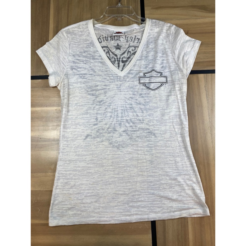 Womens White Harley Davidson V Neck Sheer Burnout Graphic T Shirt‎ Top